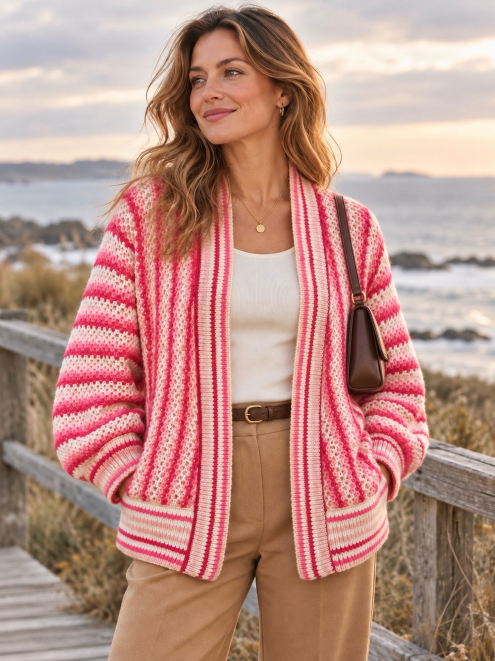 GRACE + KARMA PINK STRIPED CHUNKY KNIT OPEN CARDIGAN WOMEN’S M/L COQUETTE SOFT G
